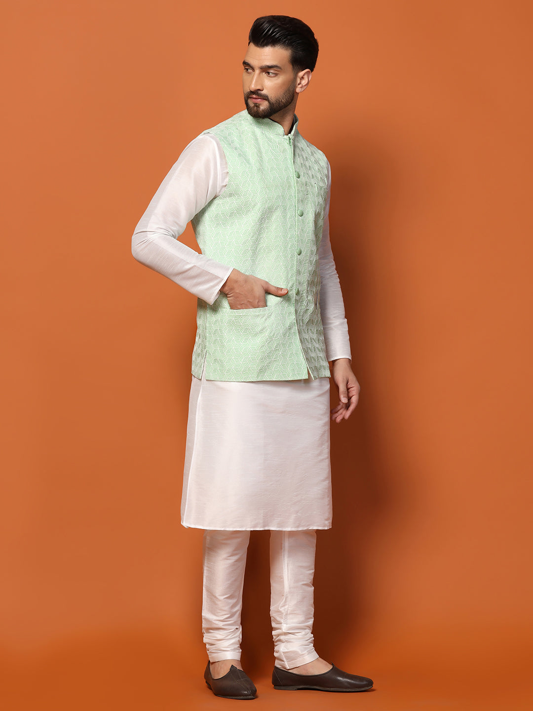 Men Mint Green Embroidered Kurta Jacket Churidar Set