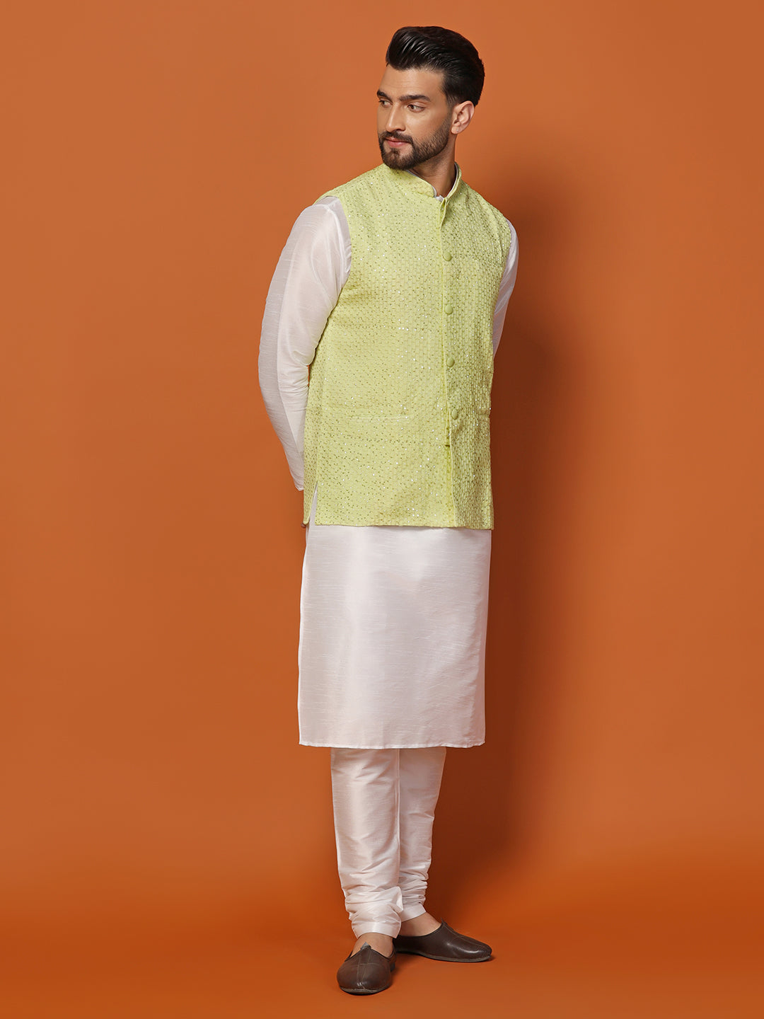 Men Yellow Sequence Work Kurta Jacket Churidar Set