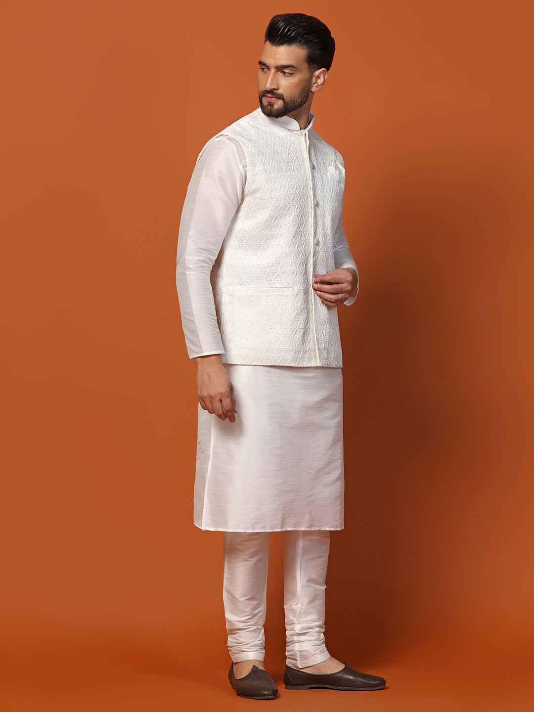 Men White Banarasi Dupion Kurta Jacket Churidar Set