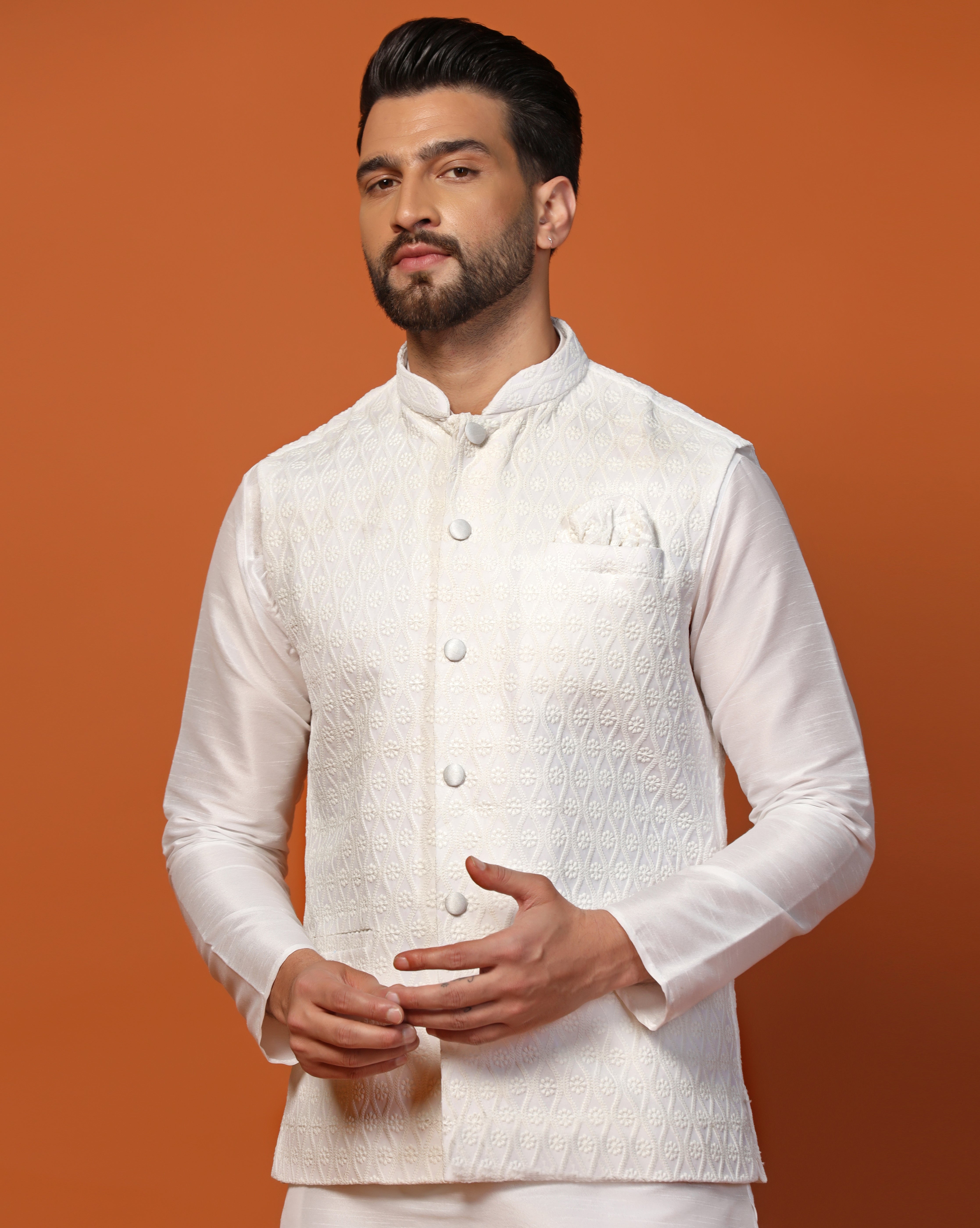 Men White Banarasi Dupion Nehru Jacket