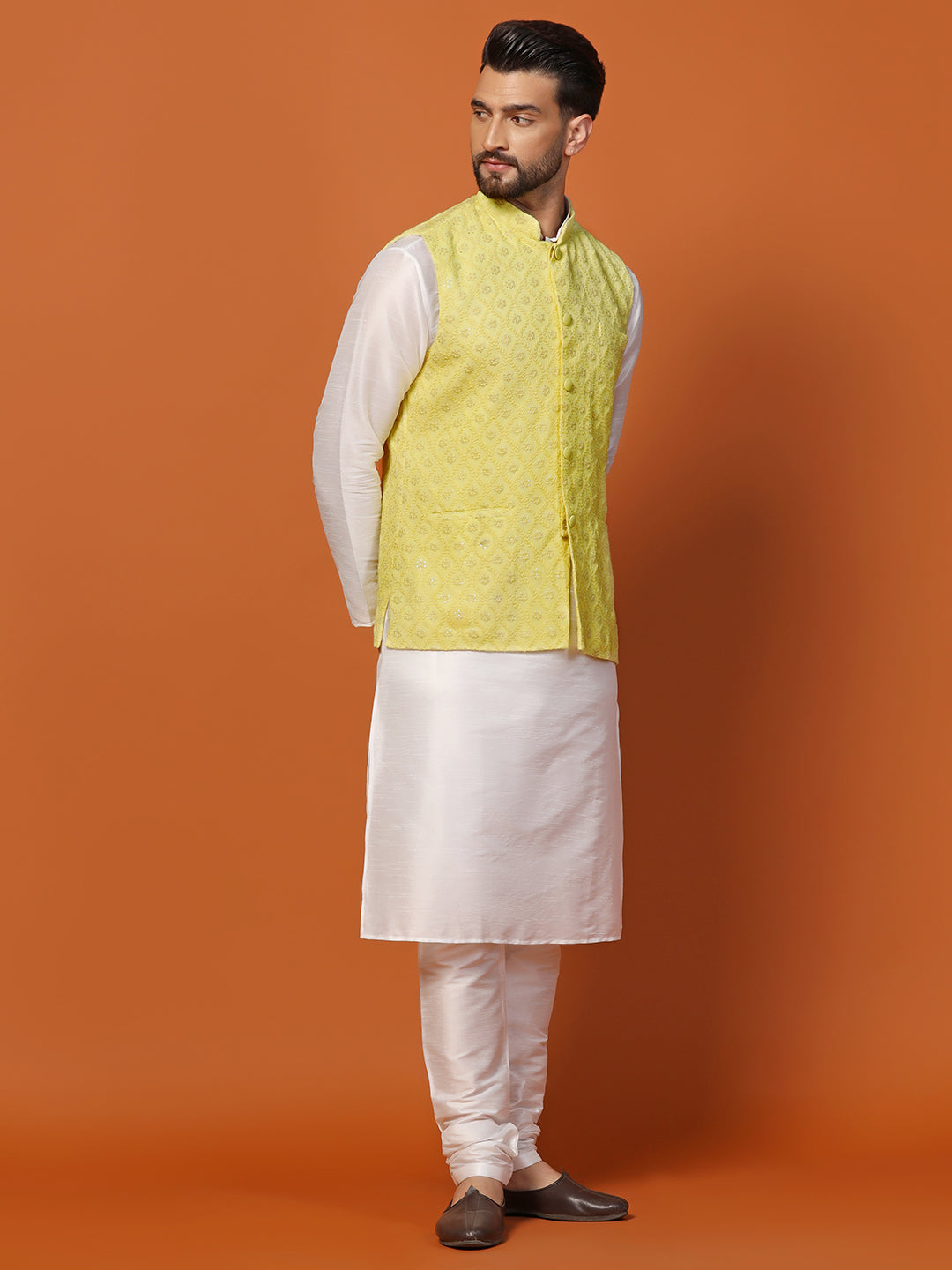 Men Light Yellow Sequence Work Kurta Jacket Churidar Set