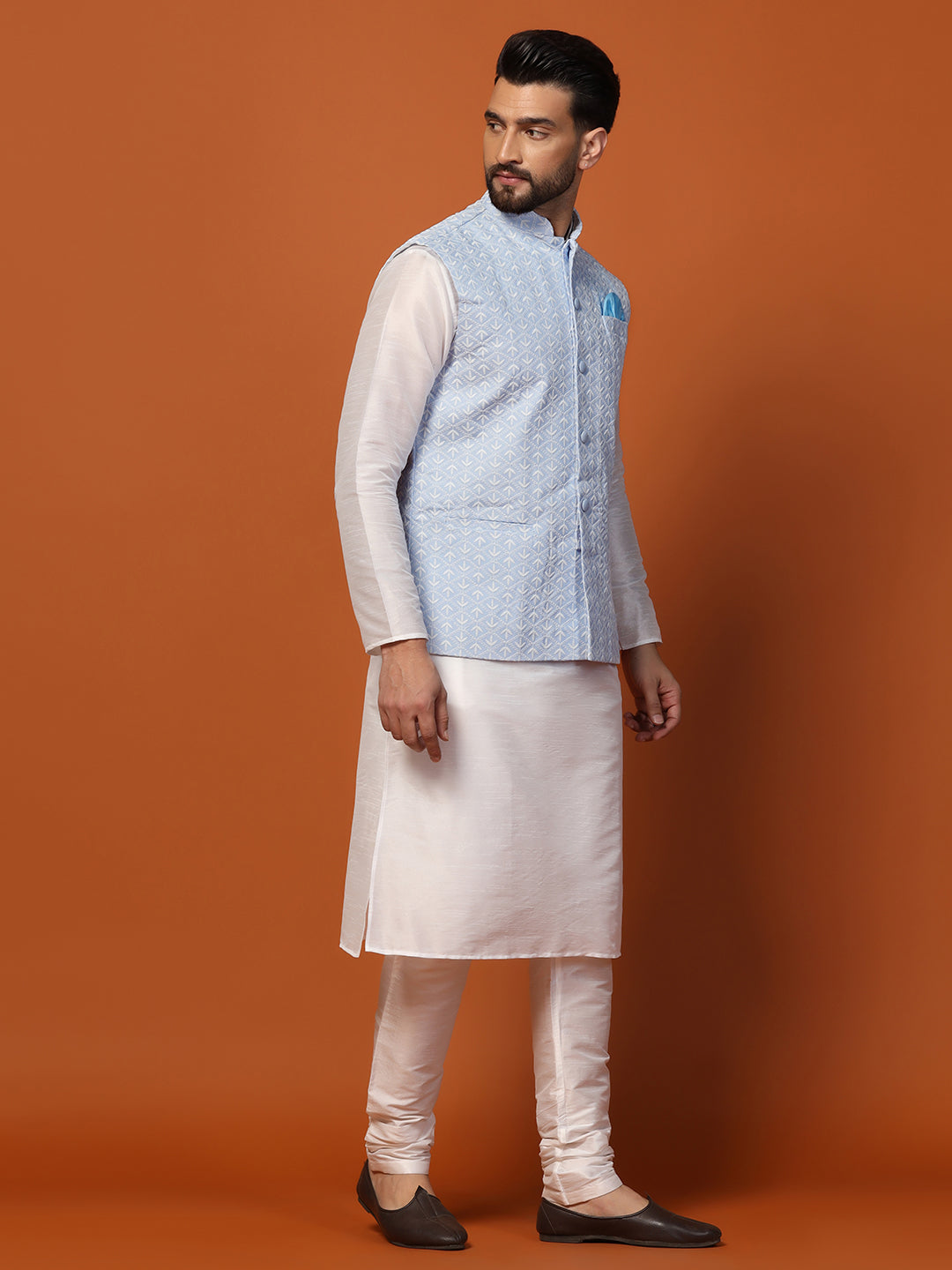 Men Sky Blue Silk Kurta Jacket Churidar Set