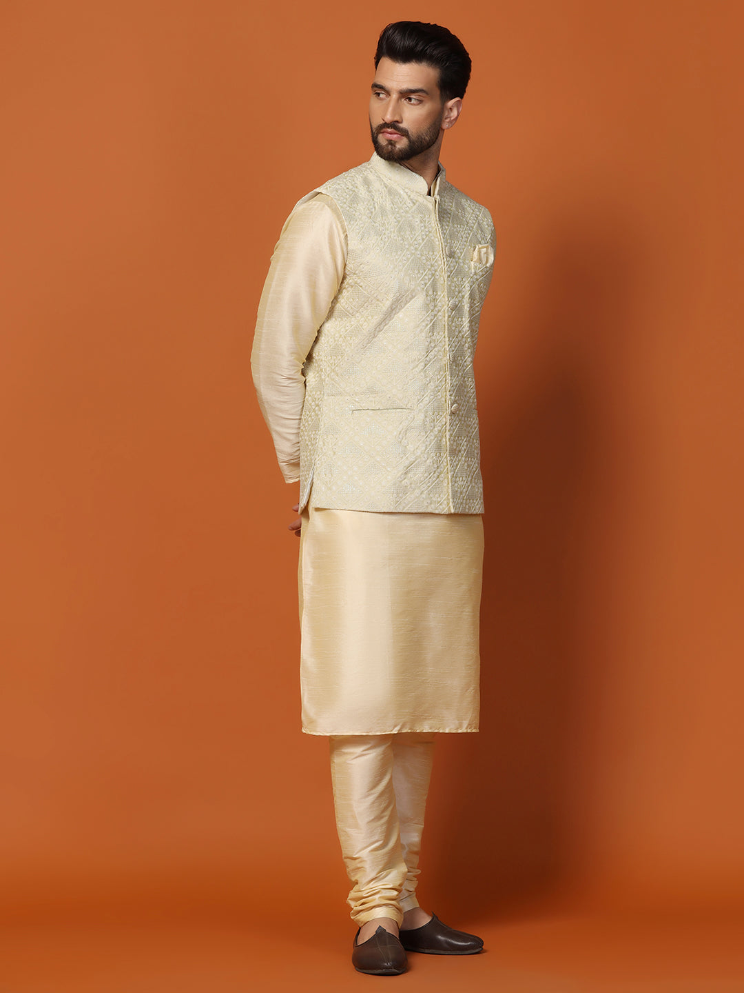 Men Pista Heavy Silk Kurta Jacket Churidar Set