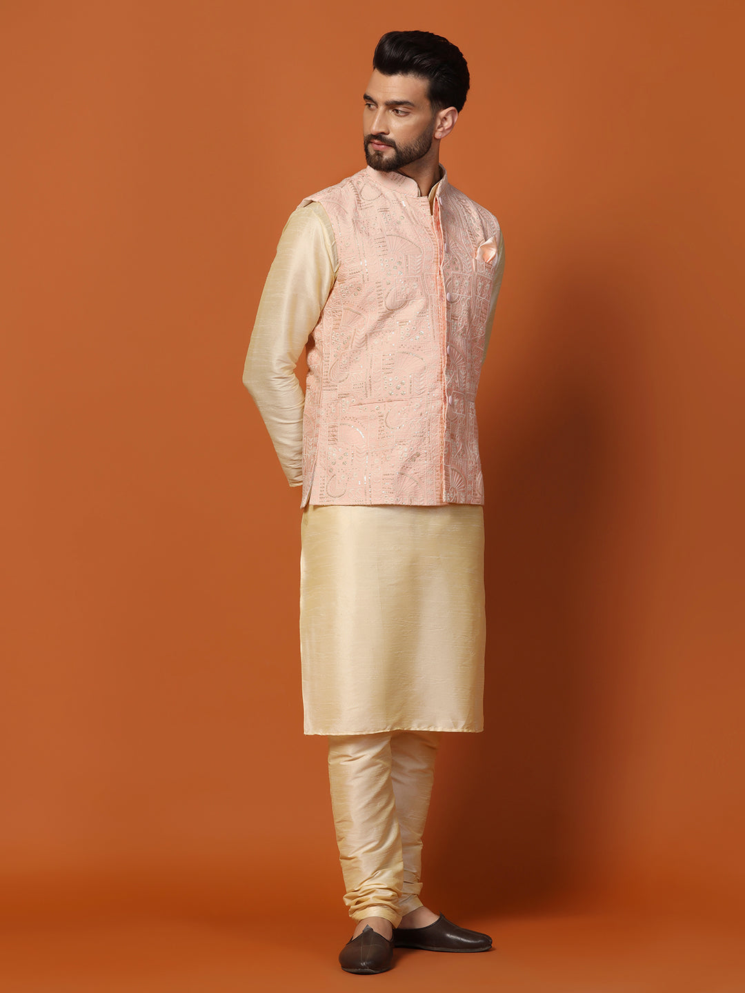 Men Light Peach Heavy Silk Kurta Jacket Churidar Set