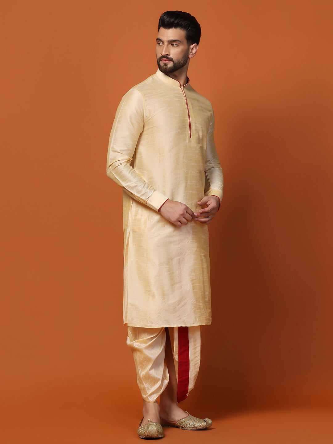 Men Gold Banarasi Dupion Kurta Dhoti Set