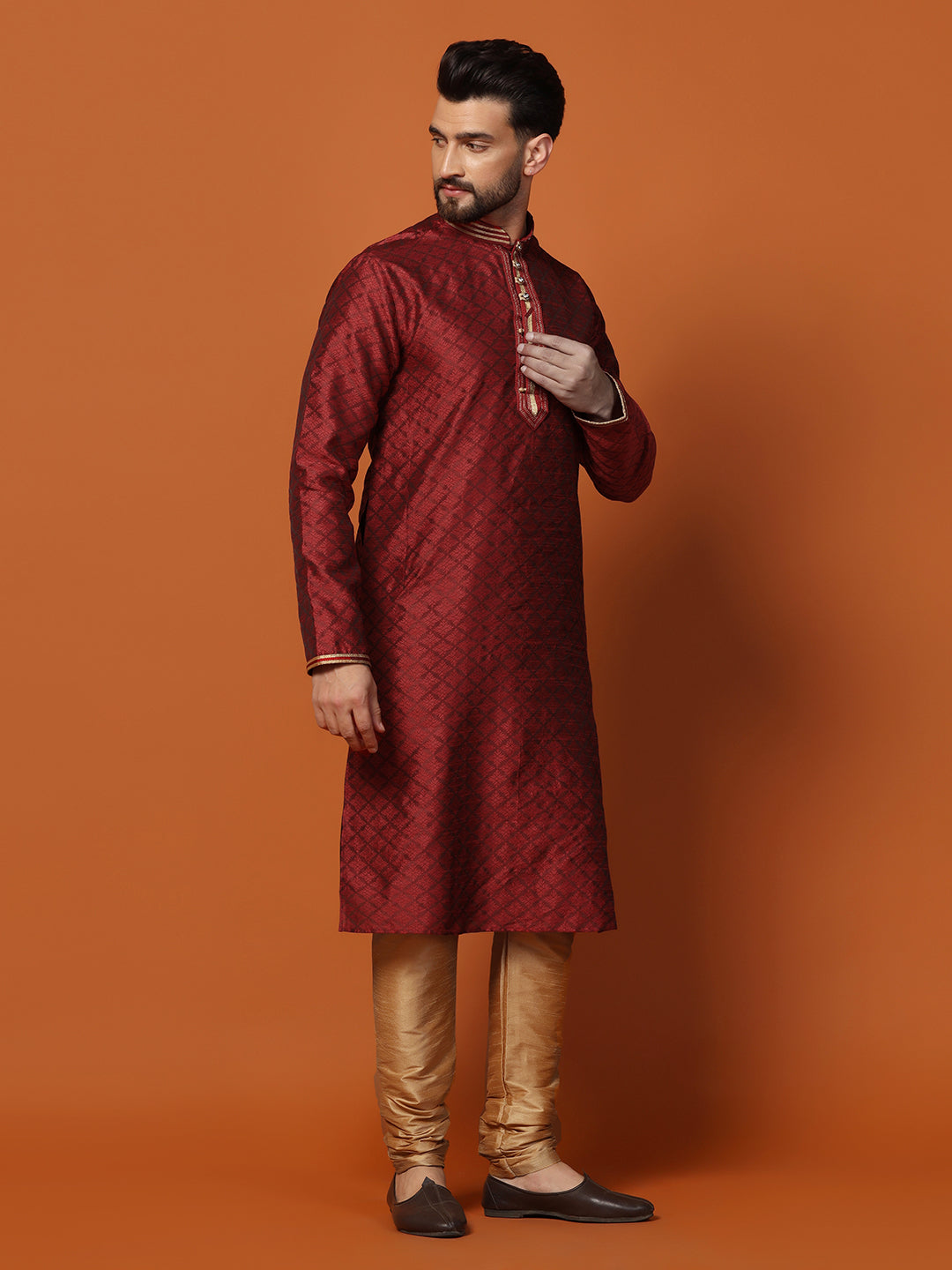 Men Maroon Jacquard Silk Kurta Churidar Set