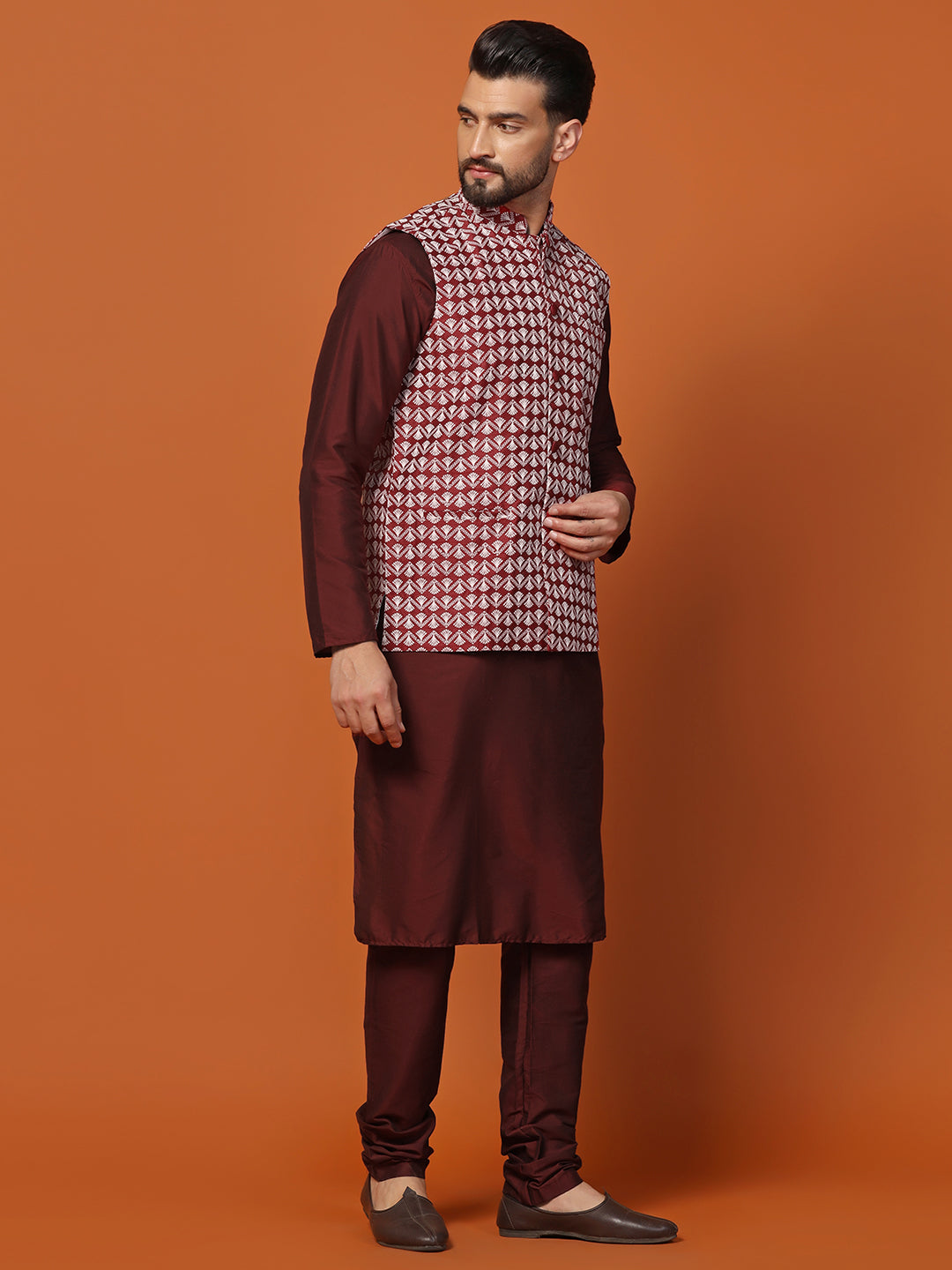 Men Red Silk Kurta Jacket Churidar Set