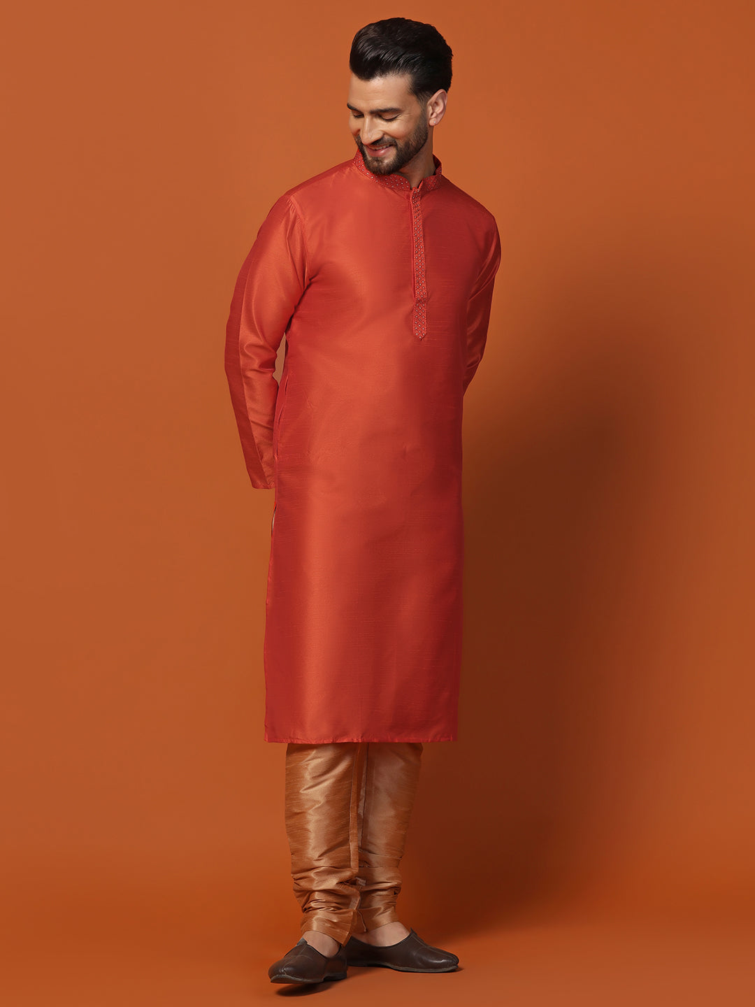 Men Orange Banarasi Dupion Kurta Churidar Set