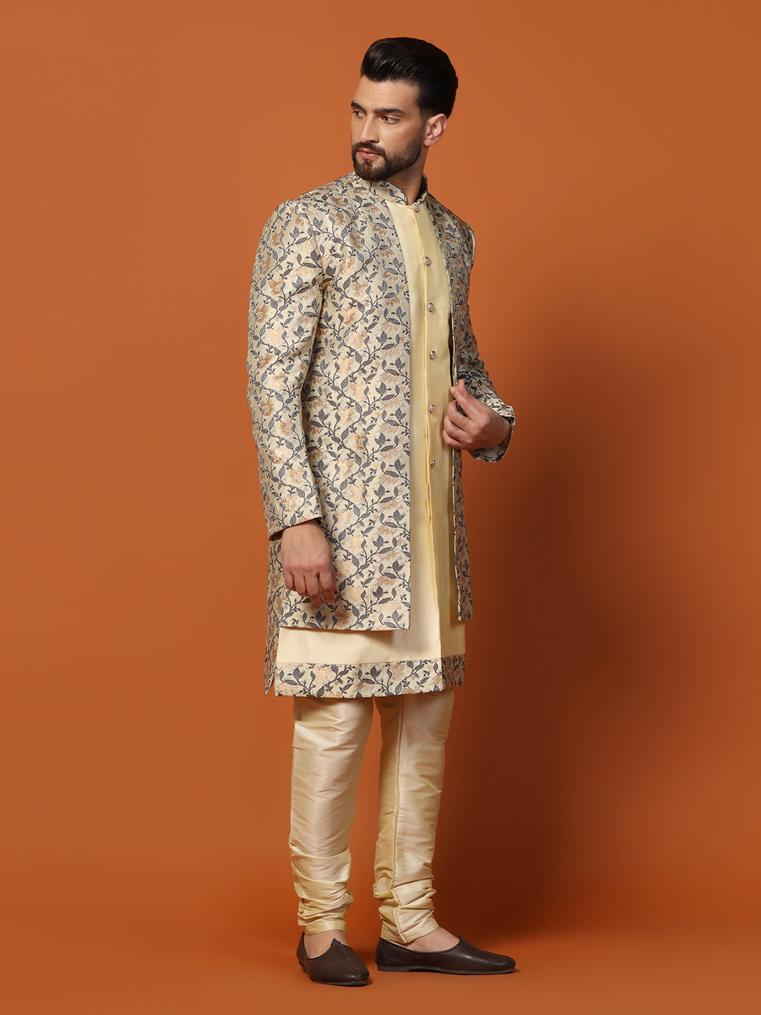 Men Cream Gold Jacquard Silk Kurta Sherwani Churidar Set