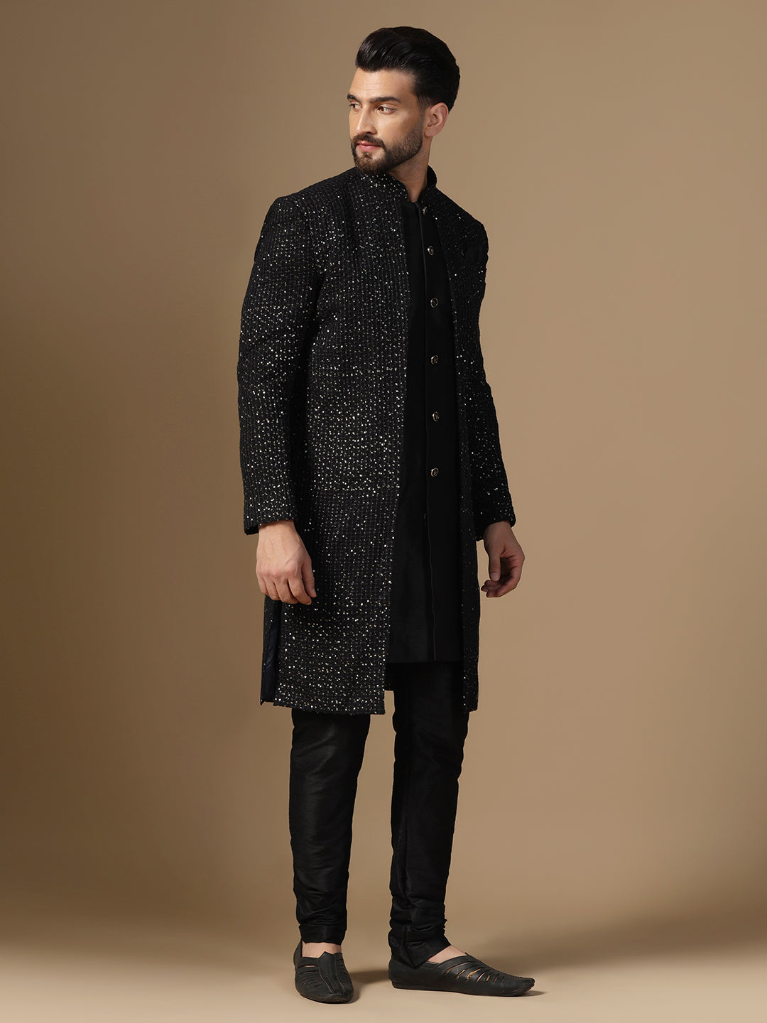 Men Black Georgette with Sequence Embroidery Work Kurta Sherwani Churidar Set