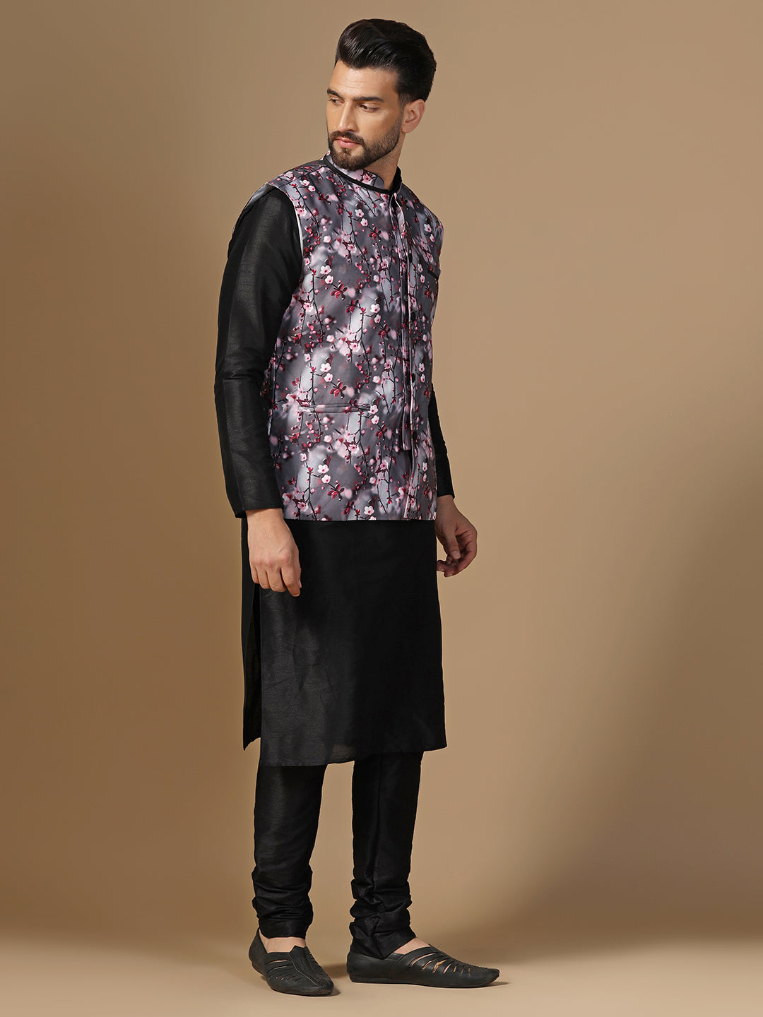 Men Grey Dupion Silk Kurta Jacket Churidar Set