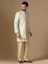 Men Sky Blue Gold Cotton Jacquard Silk Kurta Sherwani Churidar Set