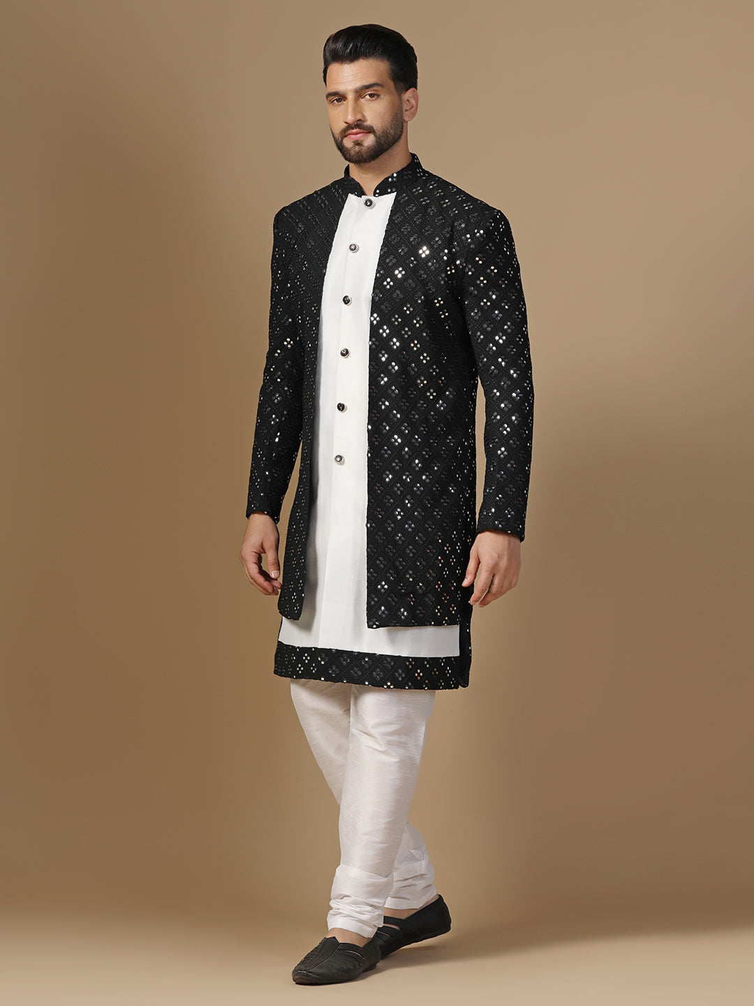 Men Black and White Mirror Work Embroidered Kurta Sherwani Churidar Set