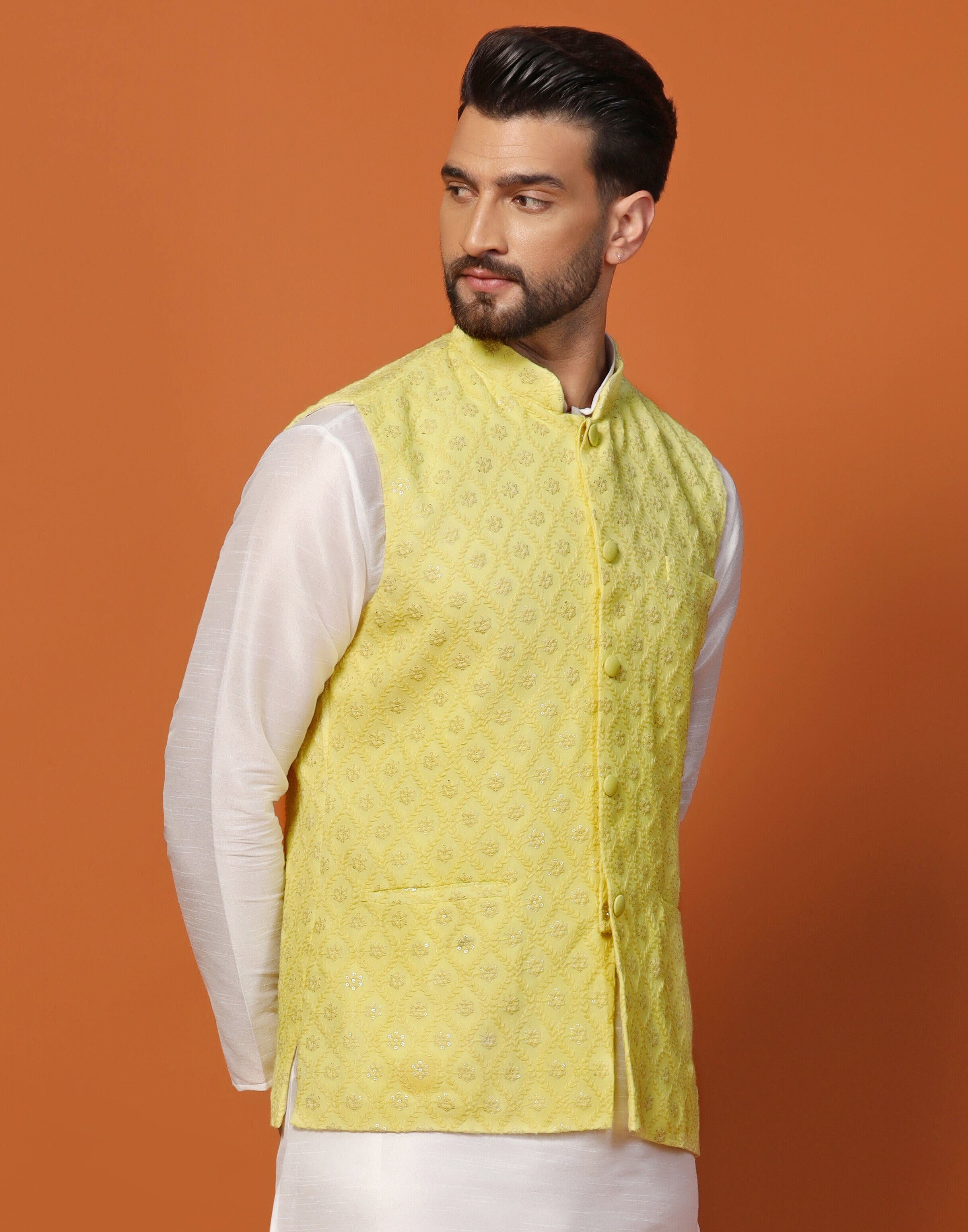 Men Light Yellow Sequence Work Nehru Jacket