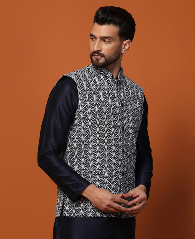 Men Blue Printed Nehru Jacket