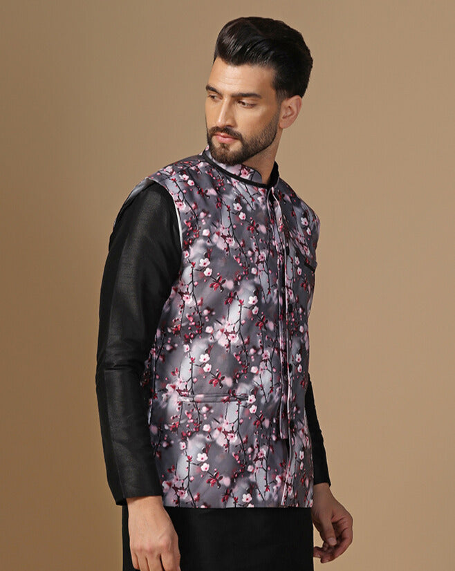 Men Grey Dupion Silk Nehru Jacket