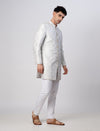 Men Light Grey Jacquard Silk, Banarasi Dhupion Sherwani Churidar Set