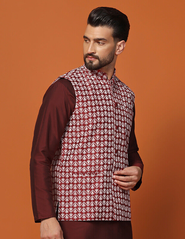 Men Red Silk Nehru Jacket